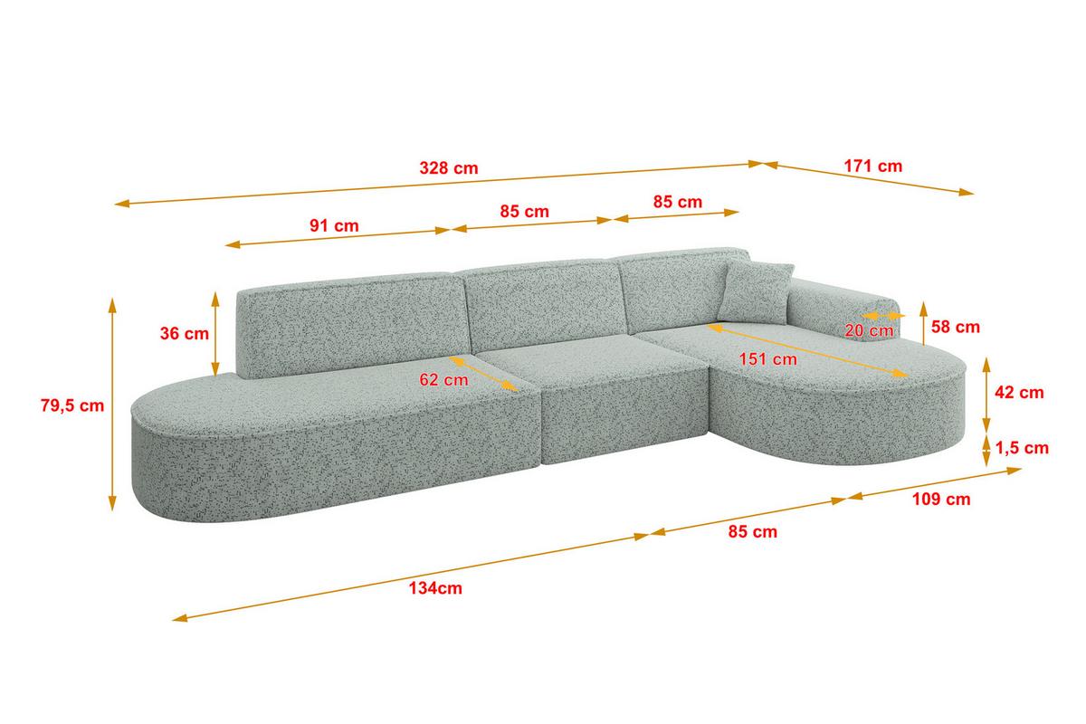 ECKSOFA Ottomane Rechts MARI-L2 - 328x171x79 cm Grün Tissu - Wildeiche/Schwarz, Holzwerkstoff/Kunststoff (171/328cm) - ALTDECOR