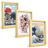 BILDER SET 3er Set - 20x30 cm Goldrahmen - Berge von Fischen Große Welle Japan - Goldfarben, Kunststoff (20/30cm) - TULUP