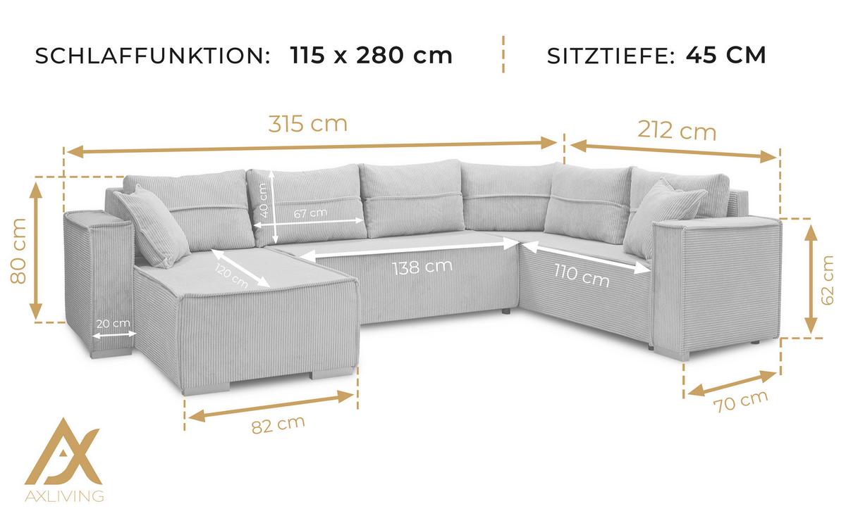 WOHNLANDSCHAFT Lovere U Gelb 314/217/90 cm – mit Schlaffunktion und Bettkasten - Gelb/Silberfarben, Textil/Metall (314/90/217cm) - AX Living