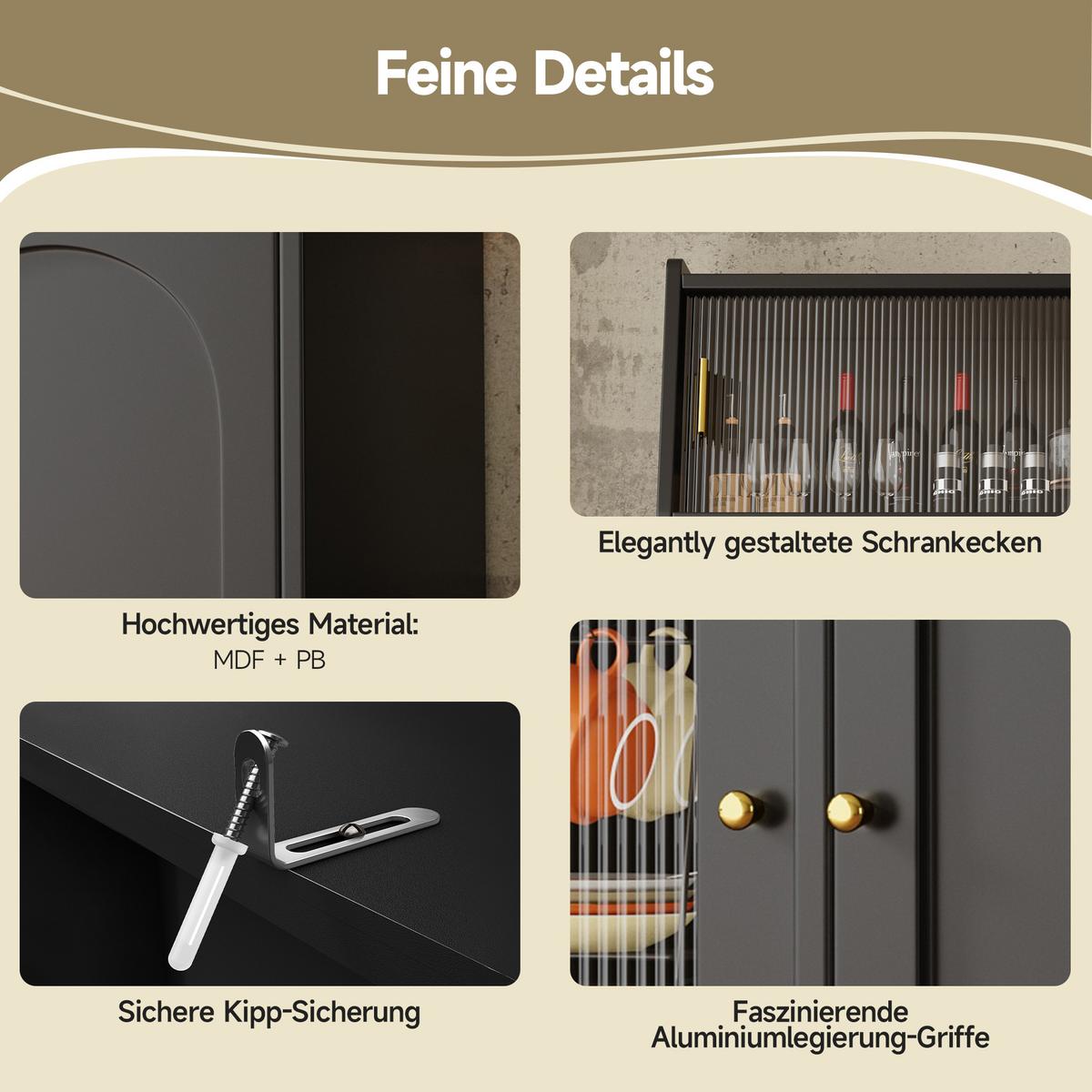 BUFFETSCHRANK schwarz mit glastüren 180 cm hoch mit app-led & 2 schubladen - Schwarz, Holzwerkstoff (120/180/40cm) - Urban Meuble