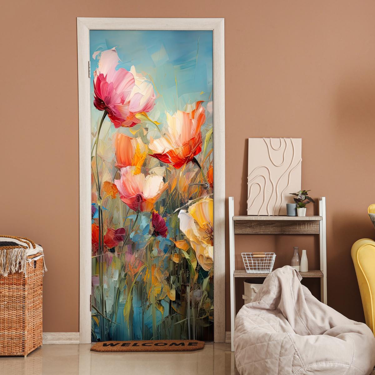 TÜRAUFKLEBER Blumen - Aquarell - Kunst - Botanisch - Natur 85x215 cm - Türtapete - Orange, Kunststoff (85/0.1cm) - MuchoWow