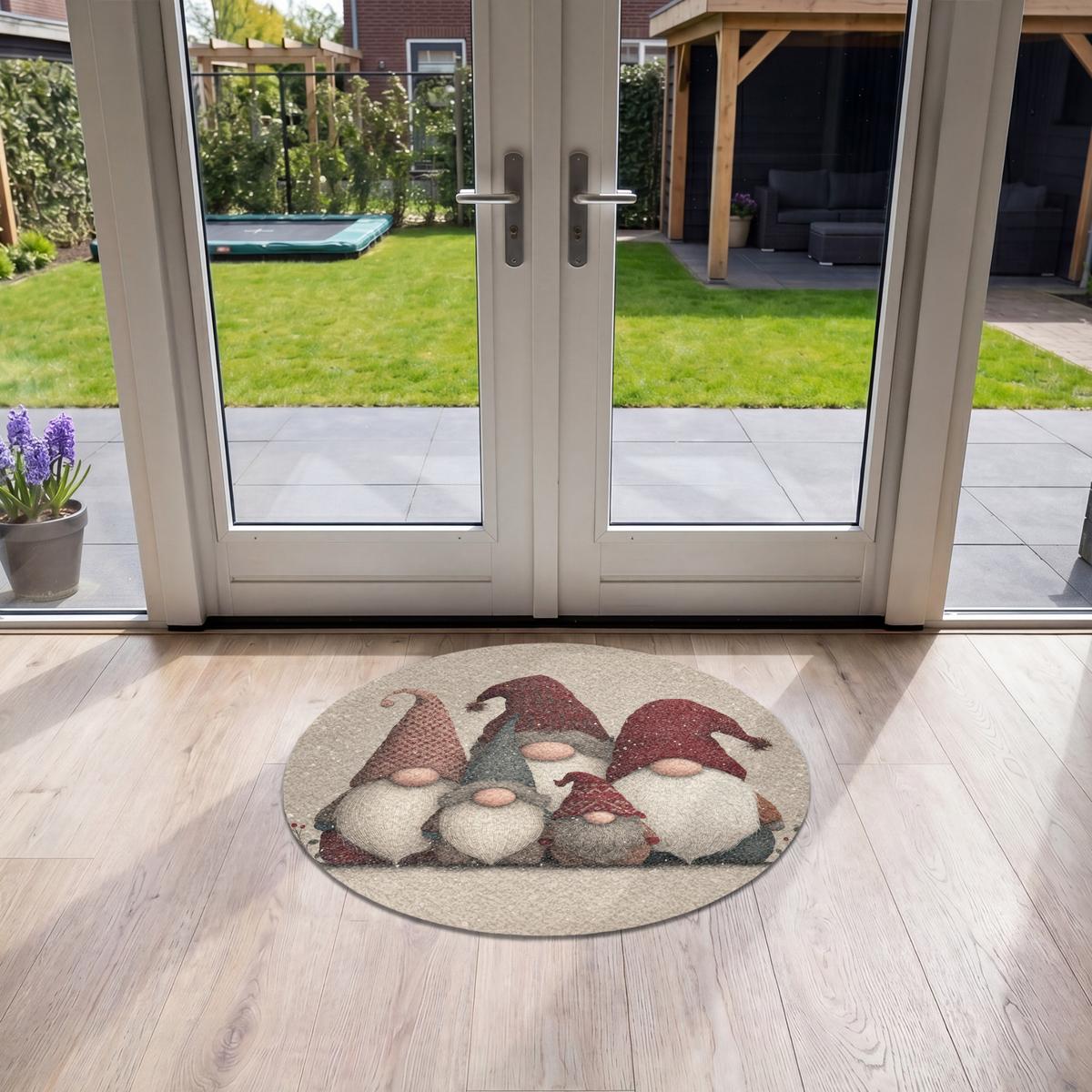 FUSSMATTE Wichtel - Weihnachten - Schnee - Zipfelmützen Türmatte 90x90 cm - Beige, Kunststoff (90/0.4cm) - MuchoWow