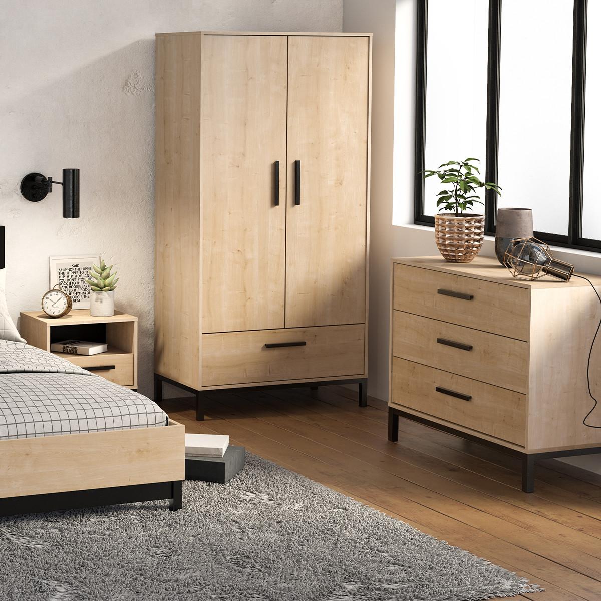 KOMMODE mit 3 Schubladen, in einem Dekor aus Eiche und mattem Schwarz Craft - L90,7 cm - Beige/Schwarz, Holzwerkstoff (39.6/74.6/98.5cm) - Demeyere