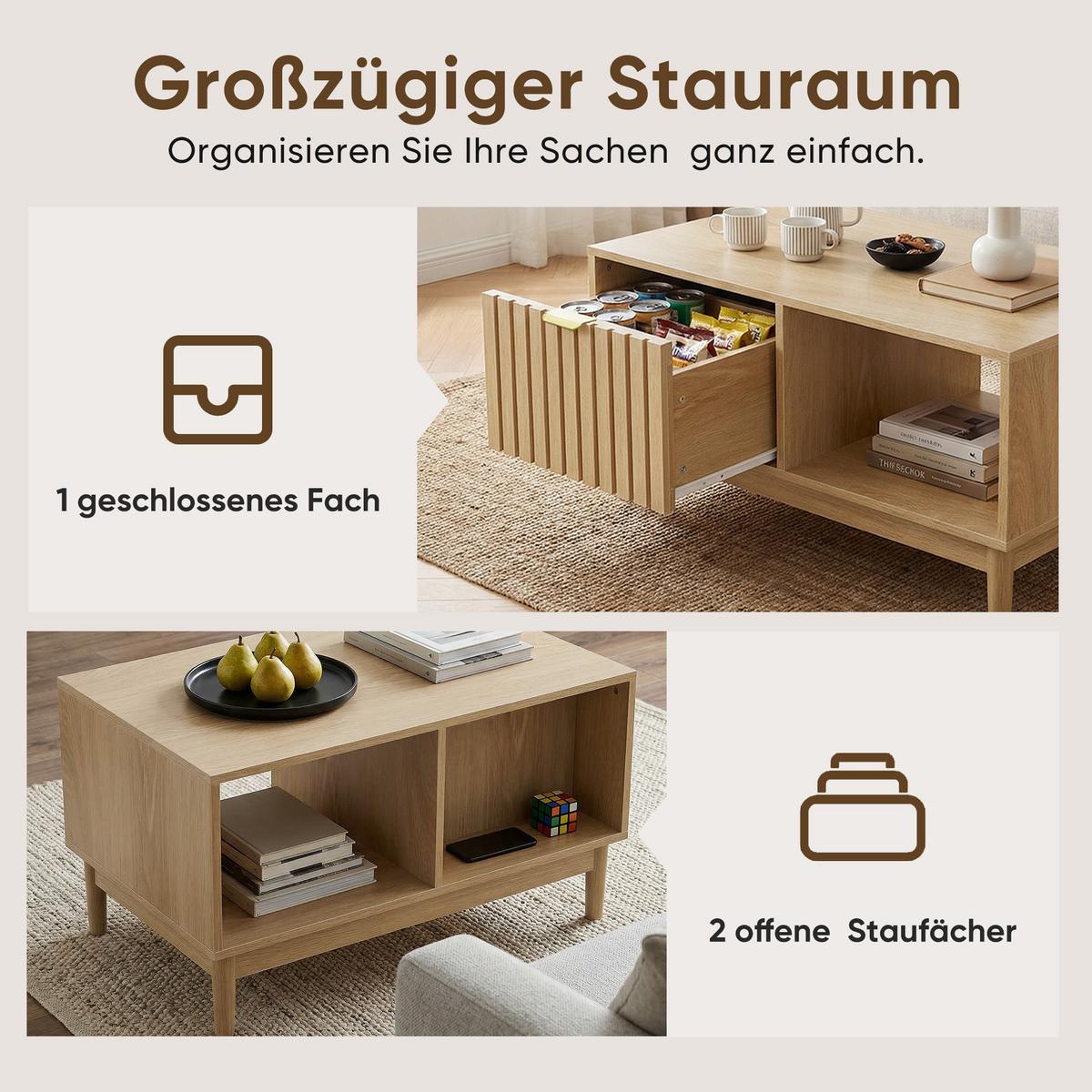 COUCHTISCH holzoptik & gitter-design mit schublade & offenen fächern - Eichefarben, Holzwerkstoff (50/80/45cm) - Urban Meuble