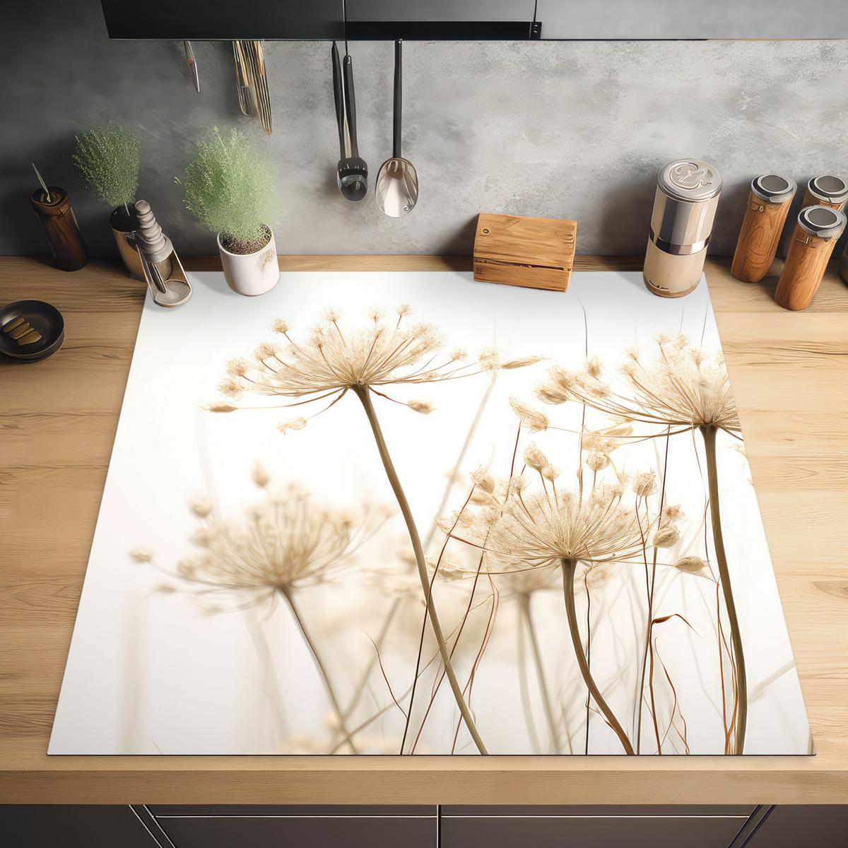 HERDABDECKPLATTE Blumen - Weiß - Sonnenlicht Induktionsmatte 78x78 cm - Ecru, Kunststoff (78/78/0.2cm) - MuchoWow