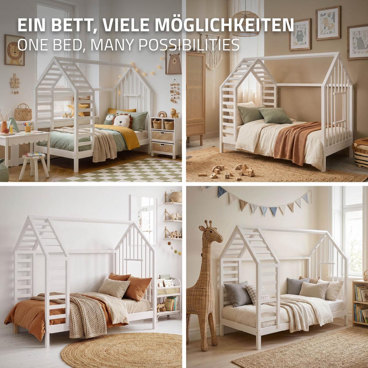 KINDERBETT 80x160 cm mit Lattenrost Dach und Fenster Hausbett aus massivem Kiefernholz Weiß - Weiß, Holz (80/160cm) - ML-DESIGN