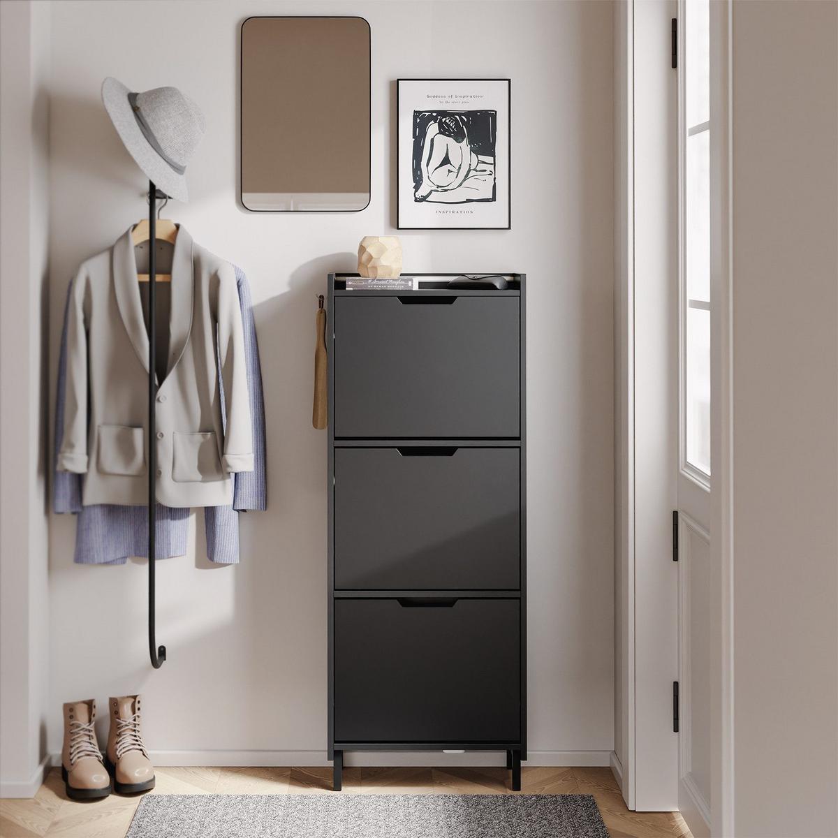 SCHUHSCHRANK mit 3 Klappen und Sensorlicht Schwarz 50x19x131cm - Schwarz, Holzwerkstoff (19/131/50cm) - SoBuy