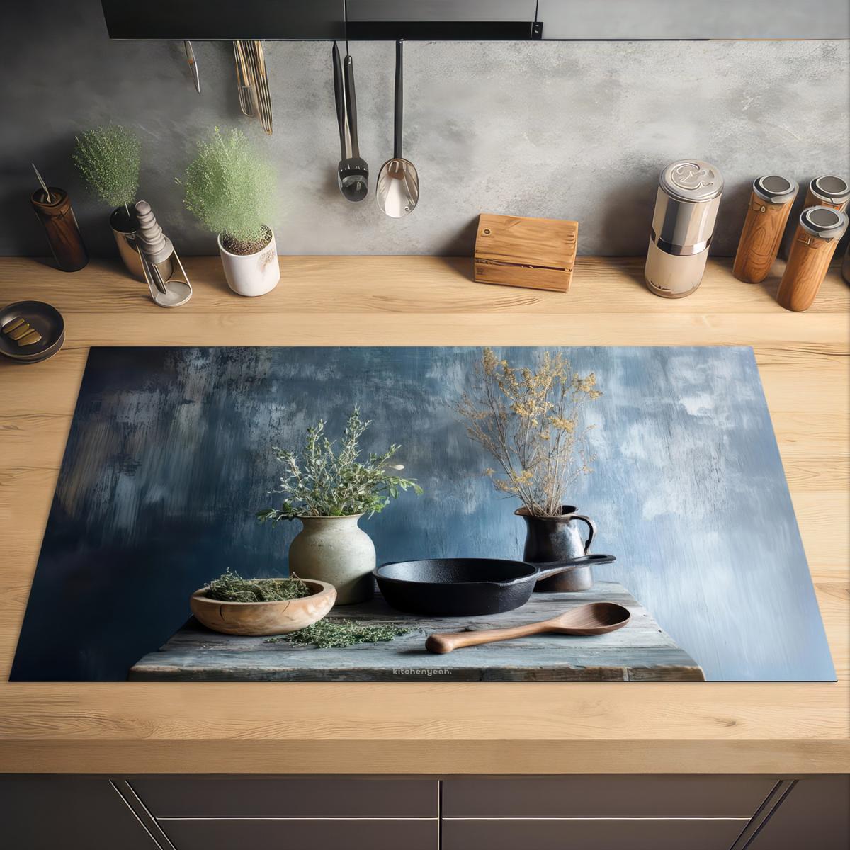 HERDABDECKPLATTE Stilleben - Kräuter - Rustikal Induktionsschutz 91.2x52 cm - Blaugrau, Kunststoff (91.2/52/0.2cm) - MuchoWow