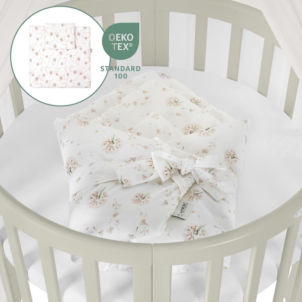 BABYBETT OLIVE OVAL 7in1 mit Matratze und Himmelset - Champagner/Olivgrün, Holz/Textil (73/125cm) - waldin