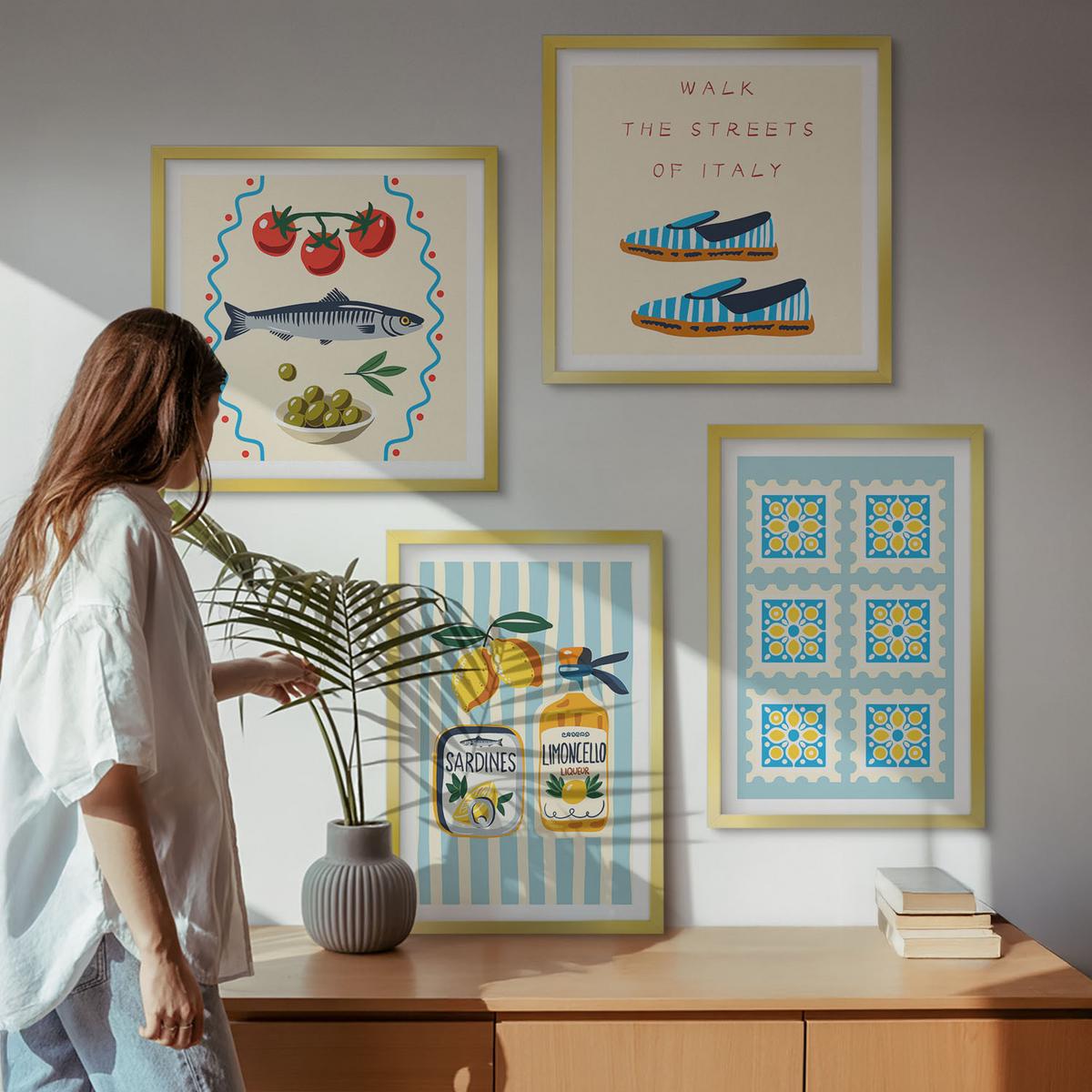 BILDER SET 4er Set - 50x50 cm & 40x60 cm Goldrahmen - Fruchtmuster und italienische Kultur - Goldfarben, Kunststoff (50/50cm) - TULUP