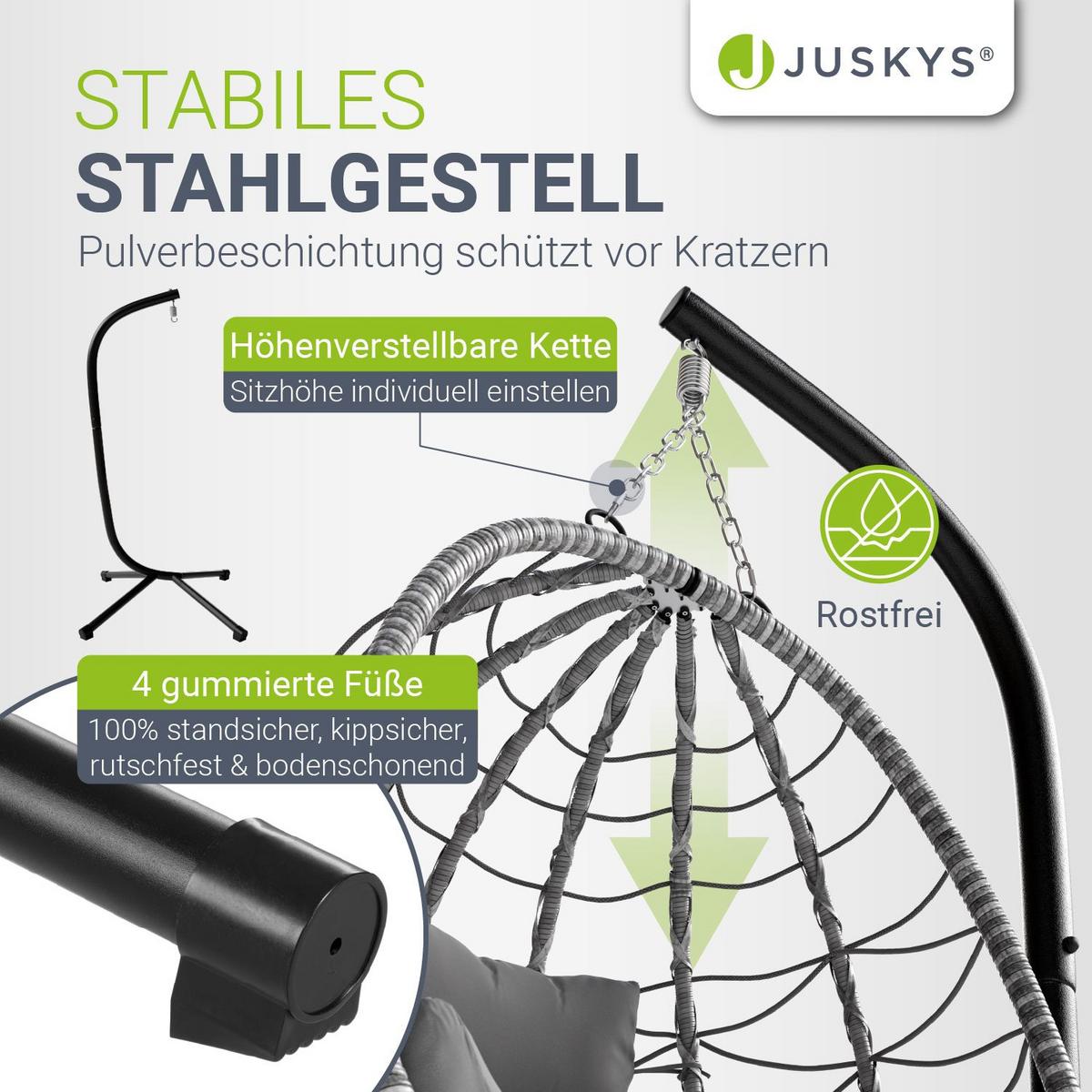 KORBHÄNGESESSEL Aria grau inkl. waschbare Bezüge - Grau, Kunststoff/Metall (95/196/95cm) - Juskys