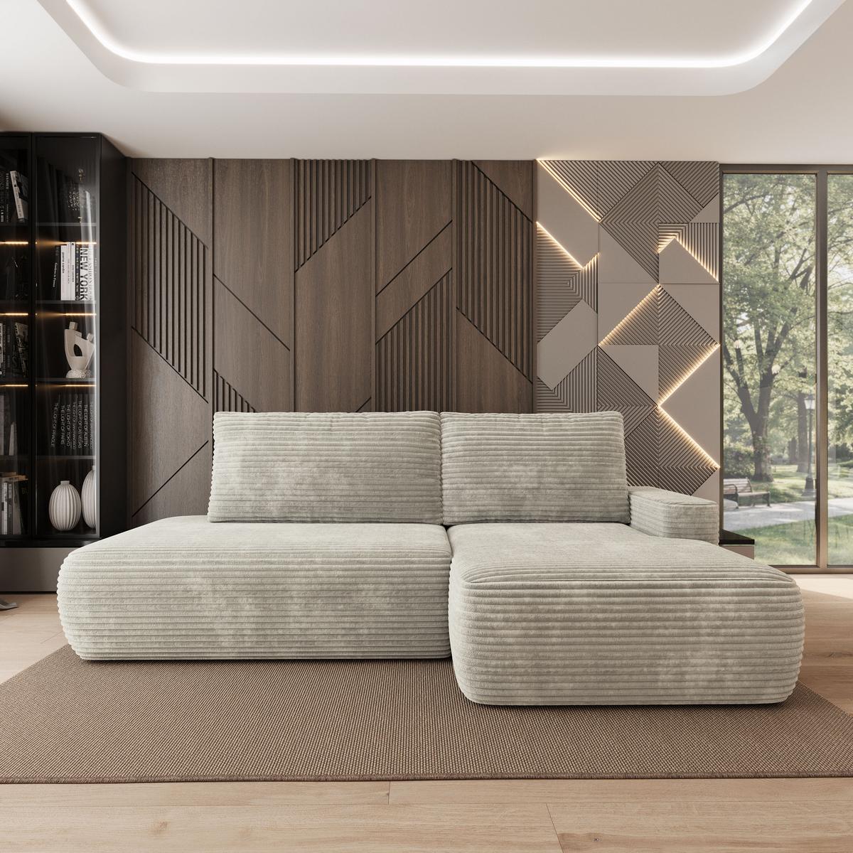 ECKSOFA AVINI T R-S Hellgrau Kordstoff mit Schlaffunktion - Hellgrau, Holzwerkstoff/Textil (277/160cm) - MASSENO