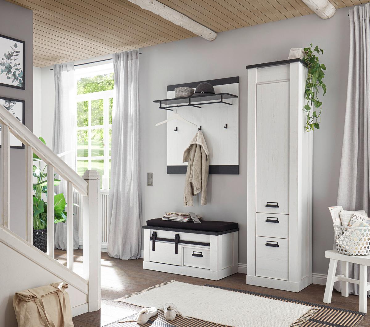 GARDEROBENPANEEL weiß Pinie, anthrazit Landhaus, Wandgarderobe 92 x 100 cm - Anthrazit/Weiß, Holzwerkstoff/Metall (92/100/26cm) - Furn.Design