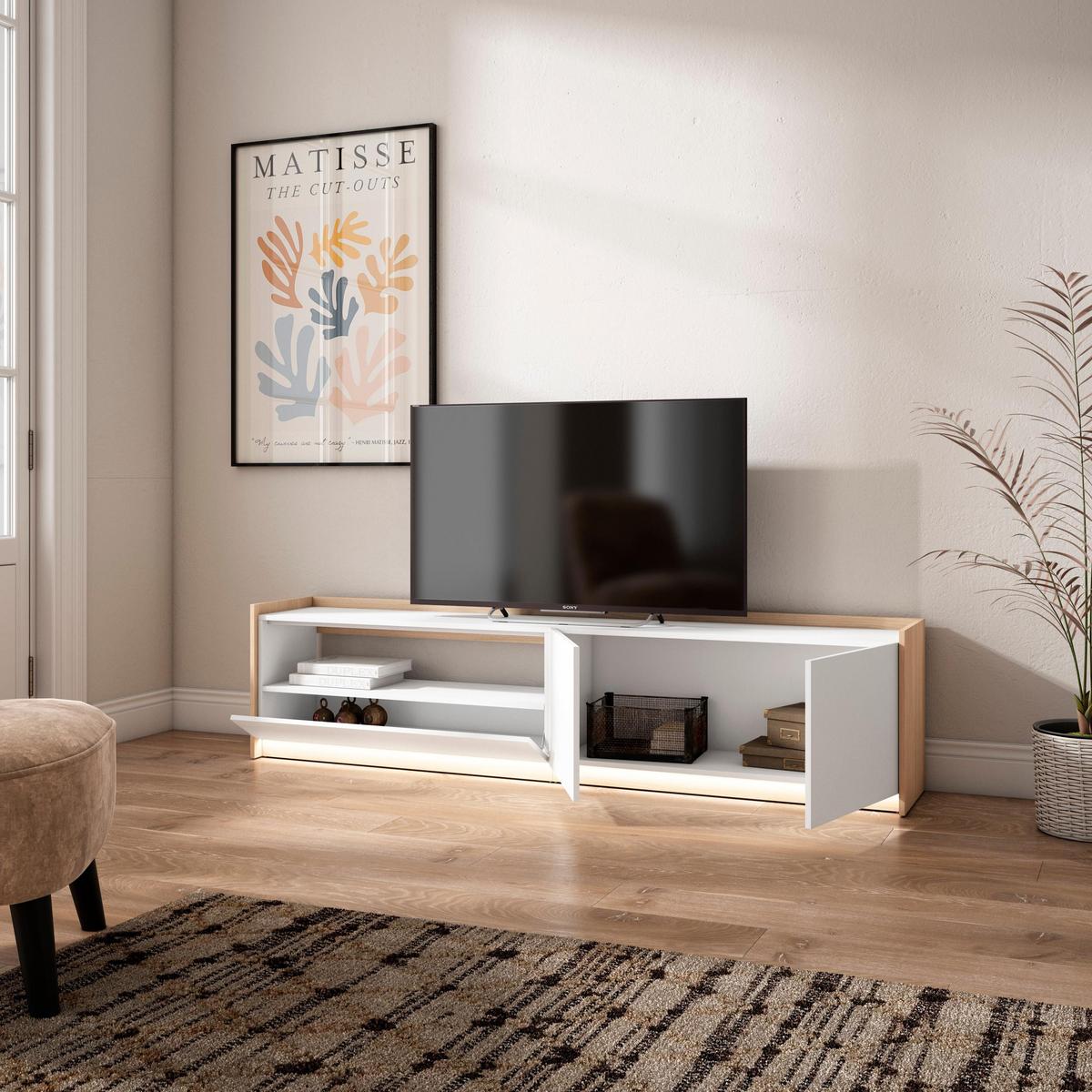LOWBOARD, Weiß und Eiche, 207/37/50cm, mit Led - Weiß, Holzwerkstoff (207/50/37cm) - Skraut Home