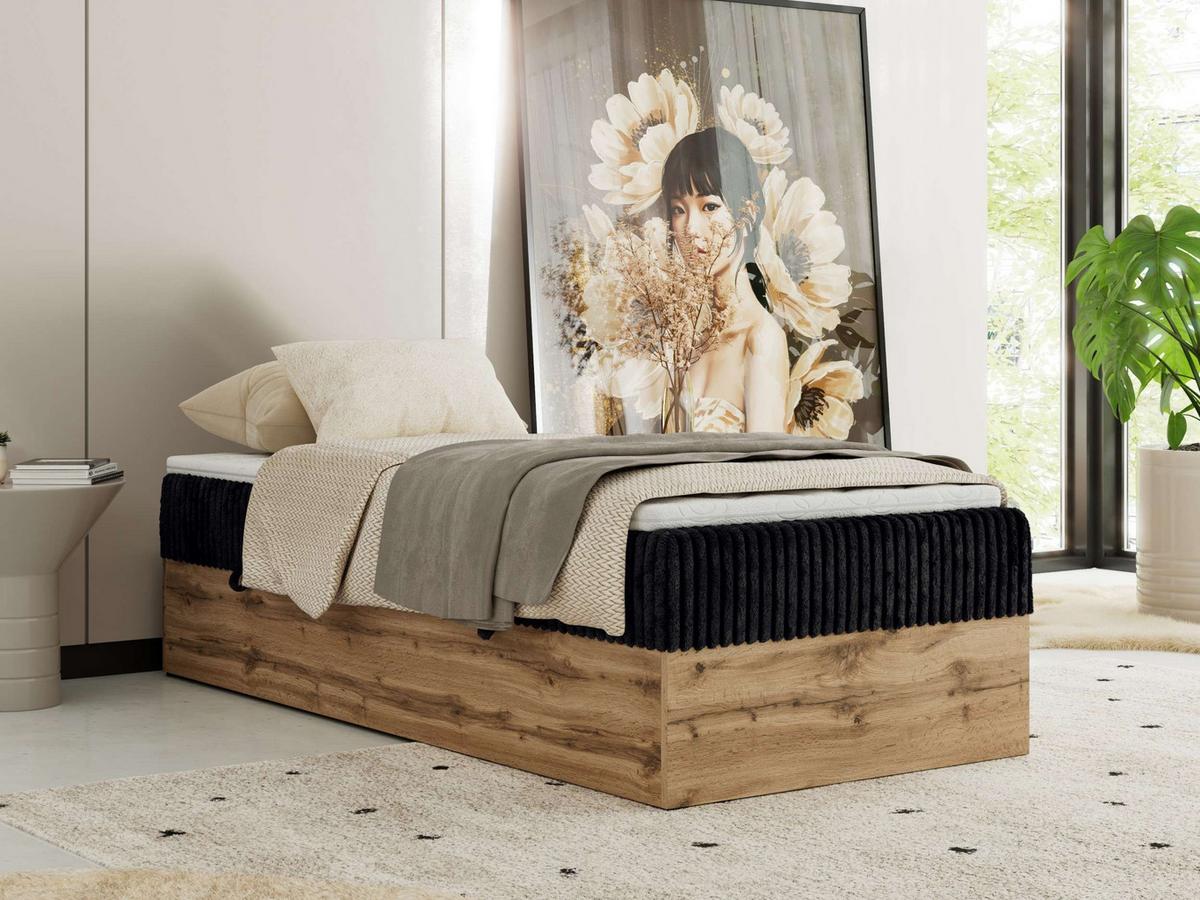 BOXBETT WOOD ZERO 90/200 - Schwarz Cord - H3 - Topper T25 - Schwarz, Textil (90/200cm) - MKS