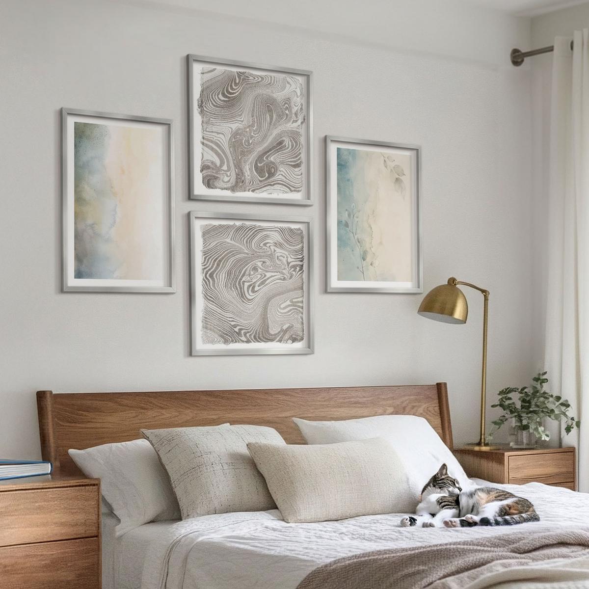 BILDER SET 4er Set - 50x50 cm & 40x60 cm Silberner Rahmen - Zarte Aquarellkartons - Silberfarben, Kunststoff (50/50cm) - TULUP