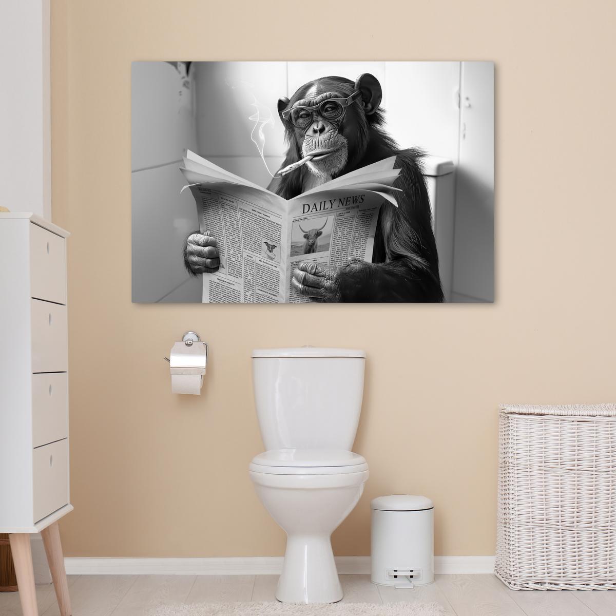 LEINWANDBILD Affe - WC - Zeitung - Schwarz-Weiß - Humor Wohnzimmer Groß 120x80 cm - Hellgrau, Textil (120/80cm) - MuchoWow