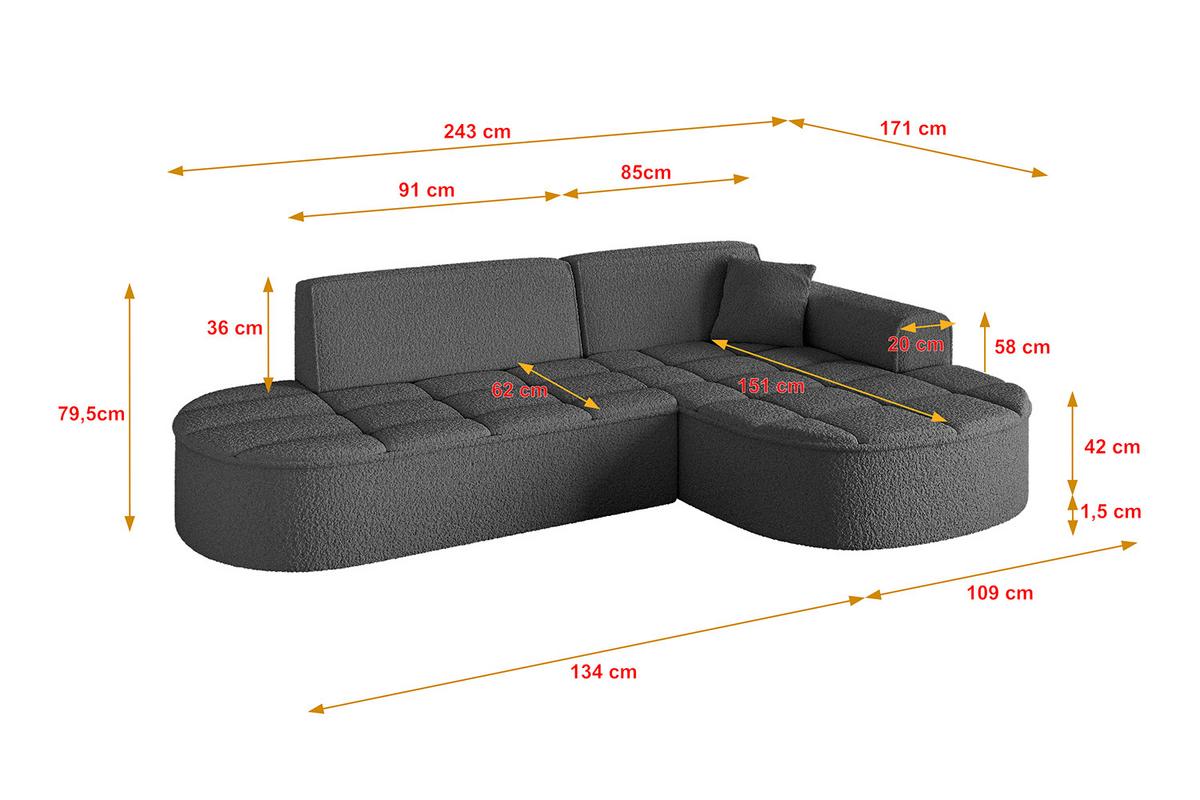 ECKSOFA Ottomane Rechts TARO-L1 - 243x171x79,5 cm Grau - Grau, Holzwerkstoff/Textil (243/171cm) - ALTDECOR