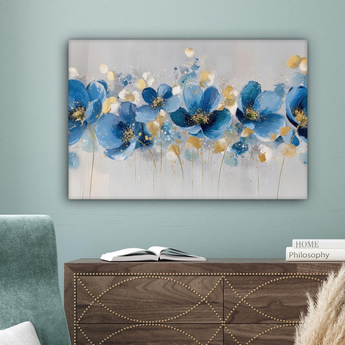 LEINWANDBILD Blumen - Blau - Abstrakt Gemälde 60x40 cm - Hellgrau, Textil (60/40cm) - MuchoWow