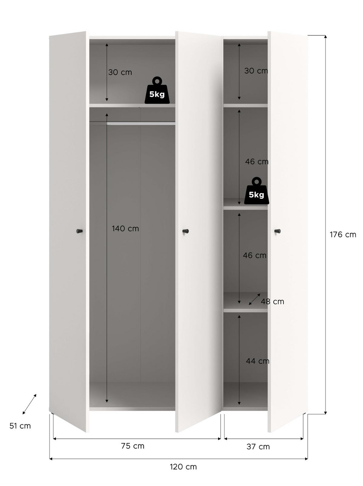 KLEIDERSCHRANK weiß 3-türig 120 cm, Drehtürenschrank mit Kleiderstange - Schwarz/Weiß, Holzwerkstoff/Kunststoff (120/176/51cm) - Inn.Furn