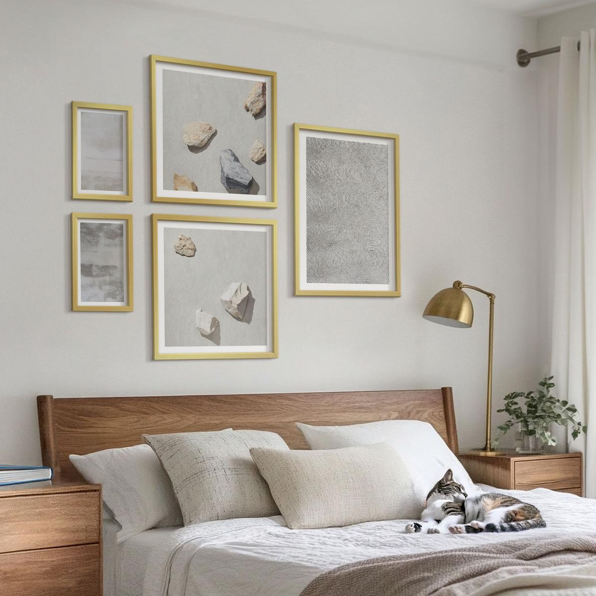 BILDER SET 5er Set - 50x50 cm & 20x30 cm & 40x60 cm Goldrahmen - Moderne minimalistische Texturen - Goldfarben, Kunststoff (40/60cm) - TULUP