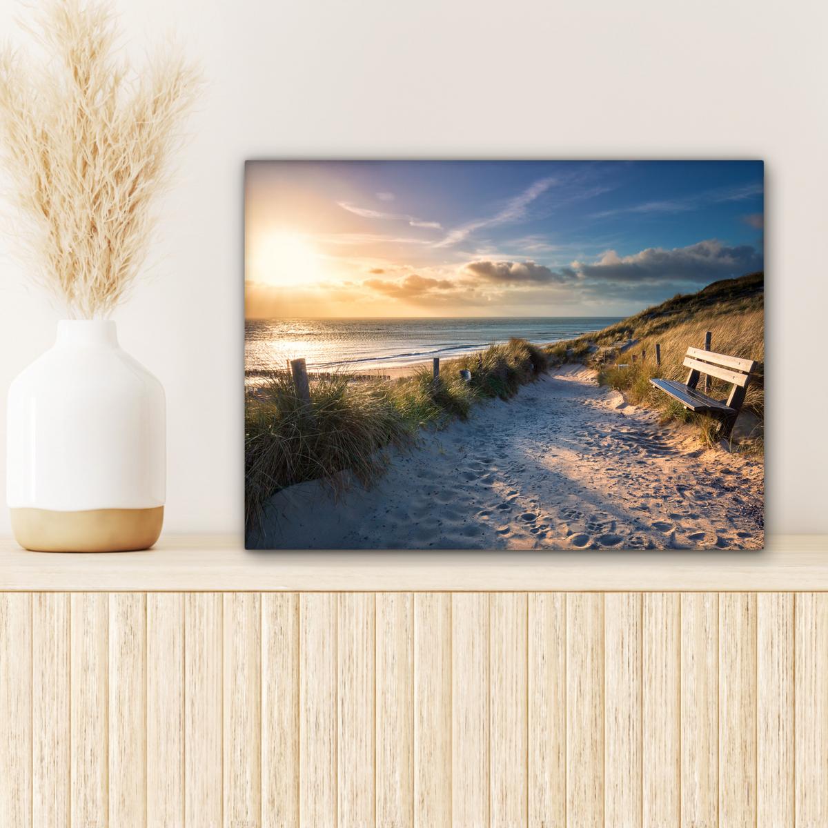 LEINWANDBILD Sonnenuntergang - Strand - Düne - Gras - Ufer Wandbild 40x30 cm - Sandfarben, Textil (40/30cm) - MuchoWow