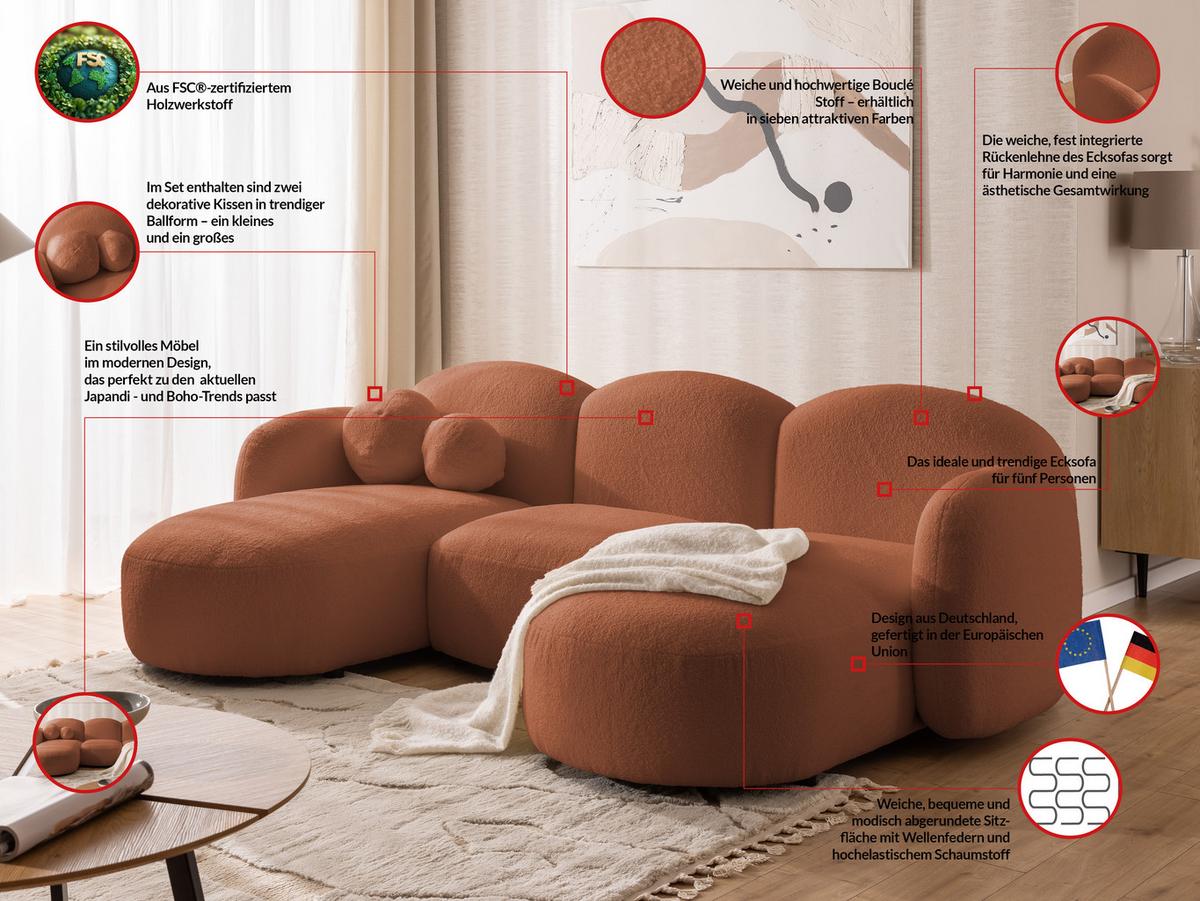 WOHNLANDSCHAFT Nuvola mit abgerundetem Design Terrakotta Bouclé-Stoff - Terracotta/Schwarz, Holz/Kunststoff (268/80/146cm) - S-Style Möbel