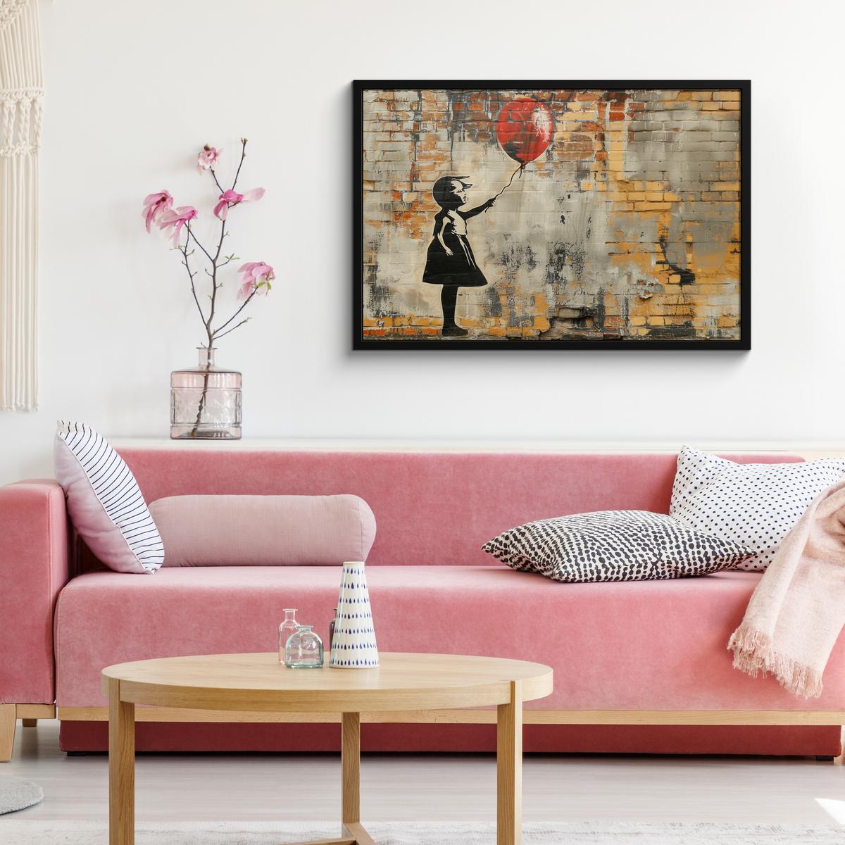 POSTER MIT RAHMENGERAHMTES BILD Graffiti - Banksy - Mädchen - Straßenkunst 90x60 cm - Sandfarben, Papier (90/60cm) - MuchoWow