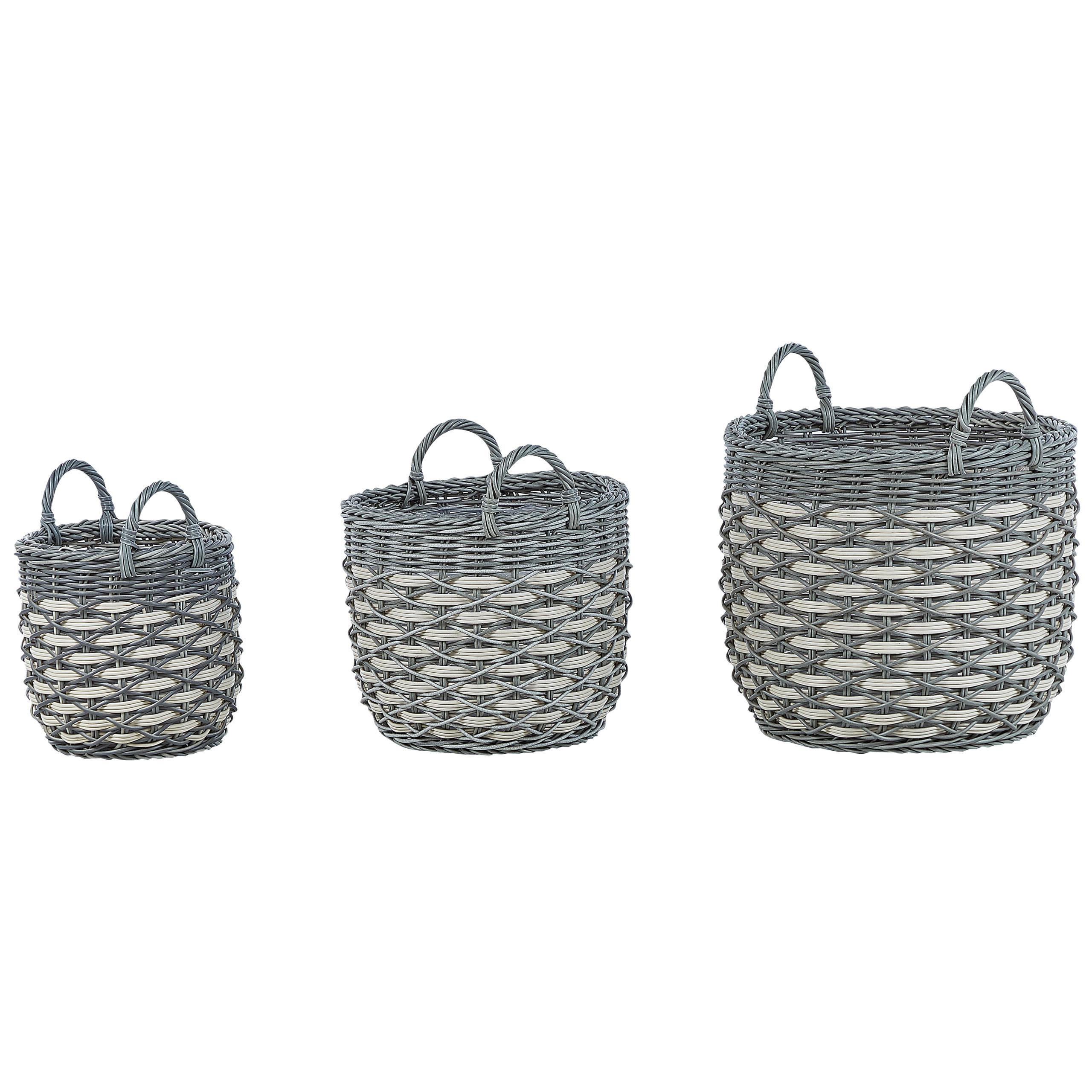 BLUMENKORB 3er-Set Rattan grau/weiß rund 49-37/39-30/31-24 cm Gefira - Weiß/Grau, Kunststoff (50cm) - Beliani