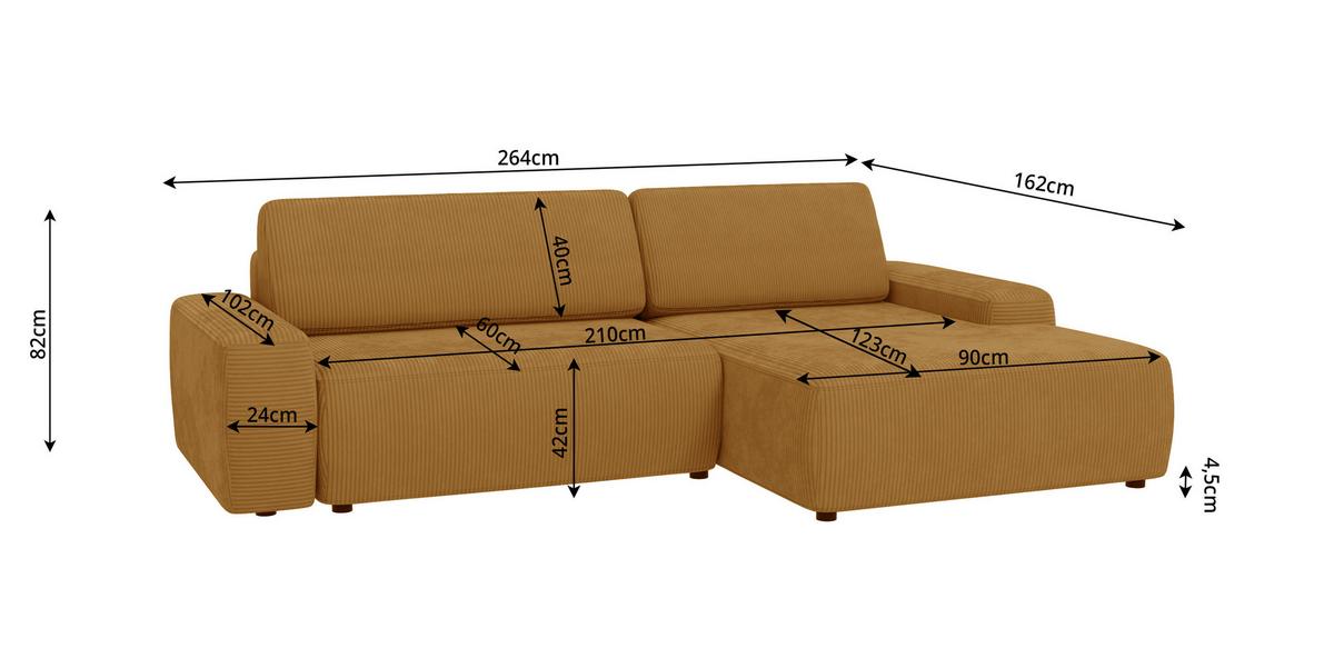 ECKSOFA Nancy Honig Cord - Schwarz/Honig, Holz/Kunststoff (264/162cm) - S-Style Möbel