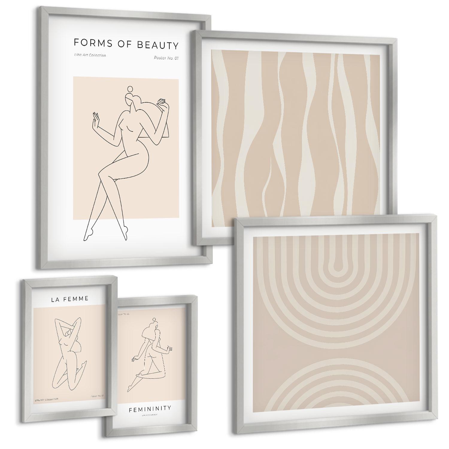BILDER SET 5er Set - 50x50 cm & 20x30 cm & 40x60 cm Silberner Rahmen - Eine Sammlung minimalistischer Formen - Silberfarben, Kunststoff (40/60cm) - TULUP