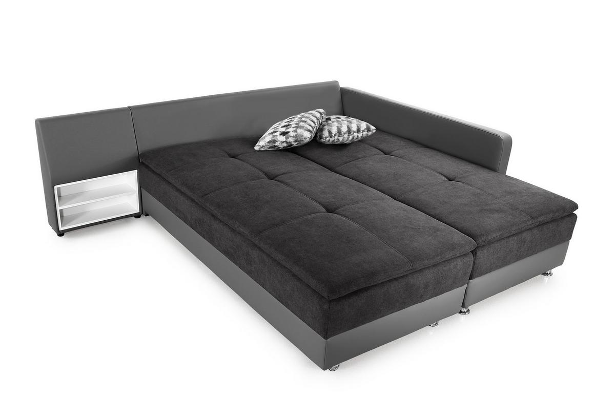 ECKSOFA-DAUERSCHLÄFER Doppelbett Boxspring Federkern Topper, Schwenkteil links B306/T223/H95 cm, Kunstleder Grau+Mikrofaser Anthrazit / 15105 - Chromfarben/Anthrazit, Kunststoff/Textil (306/223cm) - luma-home