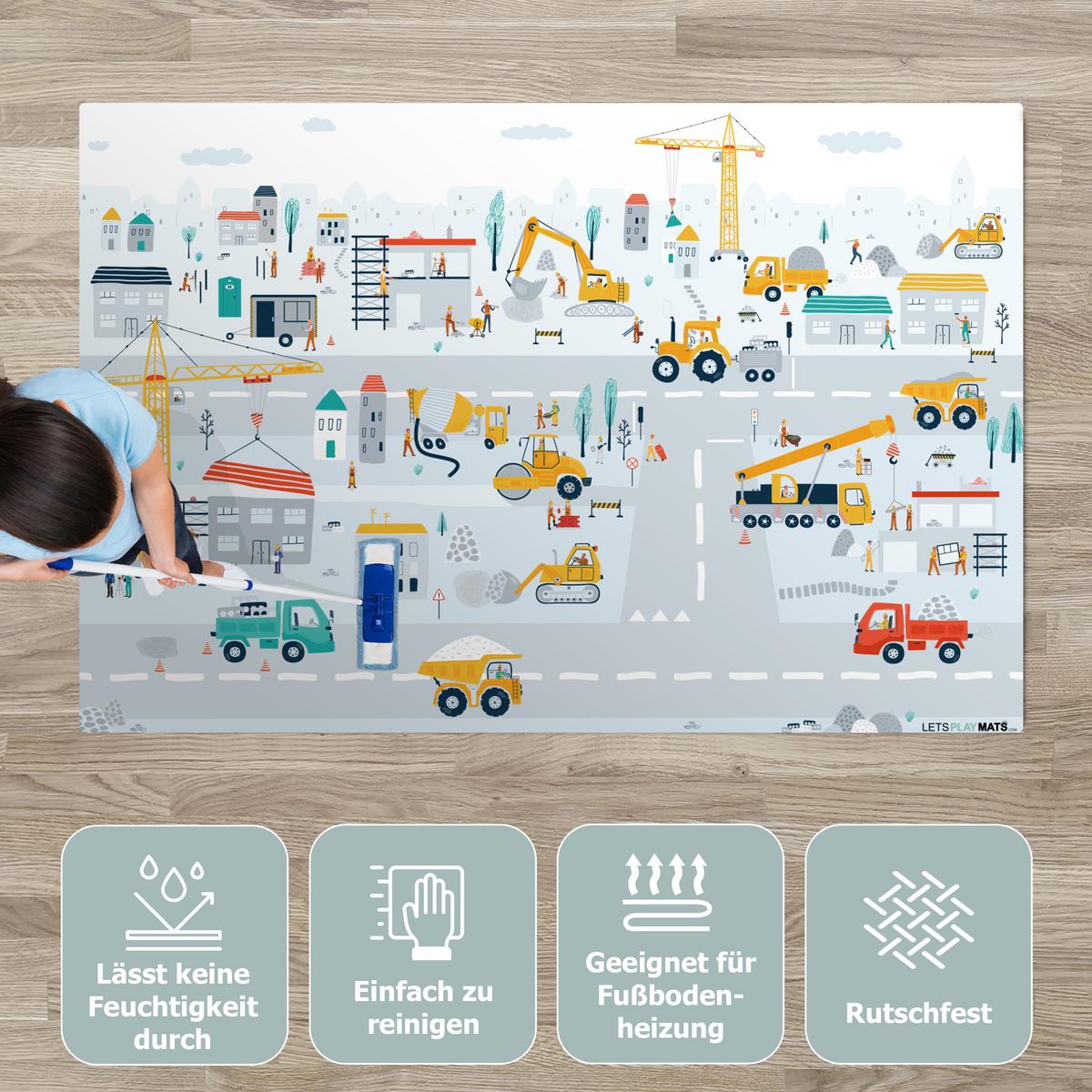 KINDERTEPPICH Baustelle - Traktor - Bagger - Auto - Design Spielteppich 180x120 cm - Hellblau, Kunststoff (180/0.3cm) - OnlyWow
