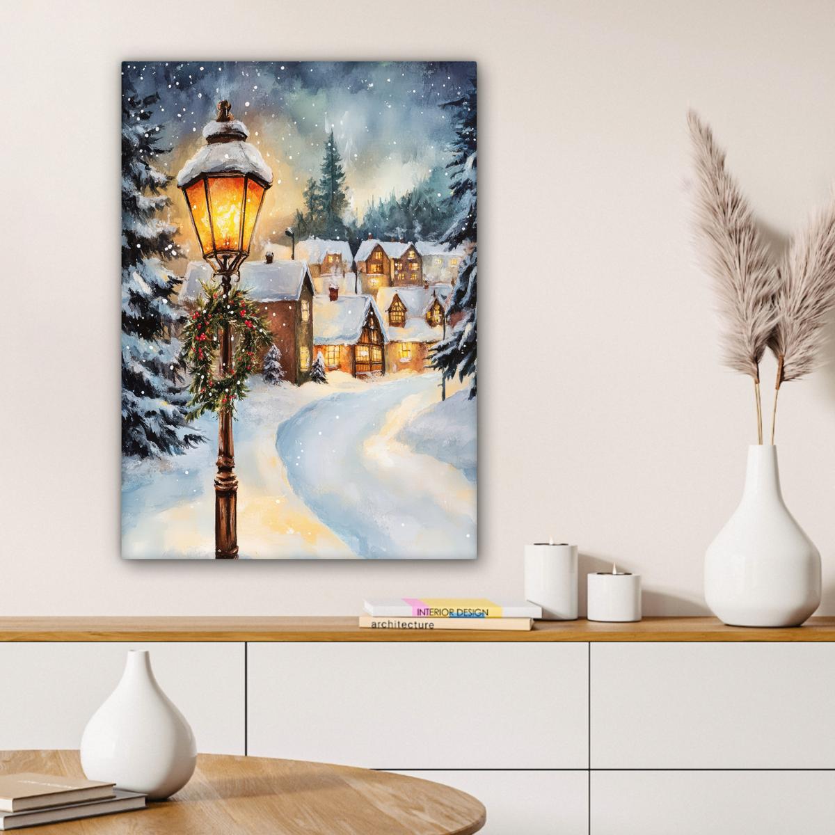LEINWANDBILD Weihnachtsdorf - Häuser - Schnee - Weihnachten Wandbild Wohnzimmer 60x80 cm - Sandfarben, Textil (60/80cm) - MuchoWow