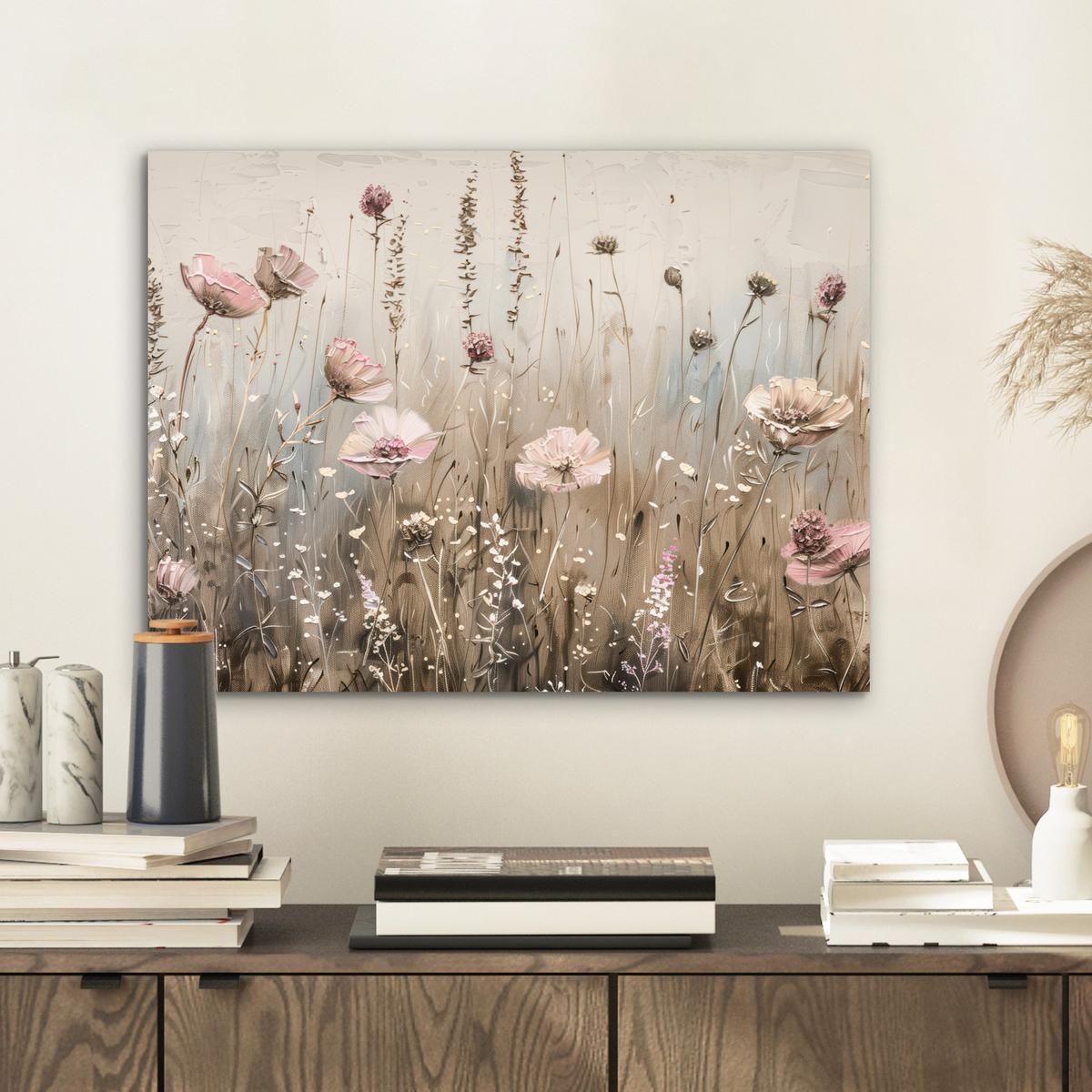 METALLBILD Blumen - Rosa - Modern - Beige 40x30 cm - Beige, Metall (40/30cm) - MuchoWow