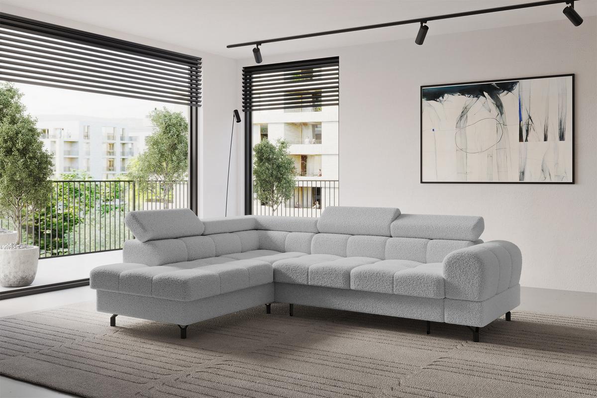 ECKSOFA mit Schlaffunktion Ottomane Links LUMA-L 272x203x70 Hellgrau Bouclé - Edelstahlfarben/Schwarz, Holzwerkstoff/Kunststoff (272/203cm) - ALTDECOR