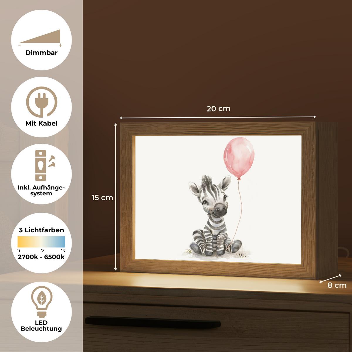 NACHTTISCHLAMPE Zebra - Baby - Tiere - Rosa Luftballon 20x15 cm - Weiß, Holzwerkstoff (8/20/15cm) - OnlyWow