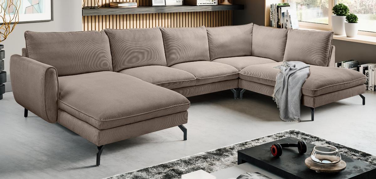 SOFA braun Cord-Stoff 202 x 361 cm, Wohnlandschaft U-Form - Schwarz/Braun, Holz/Textil (361/87/202cm) - Inn.Furn