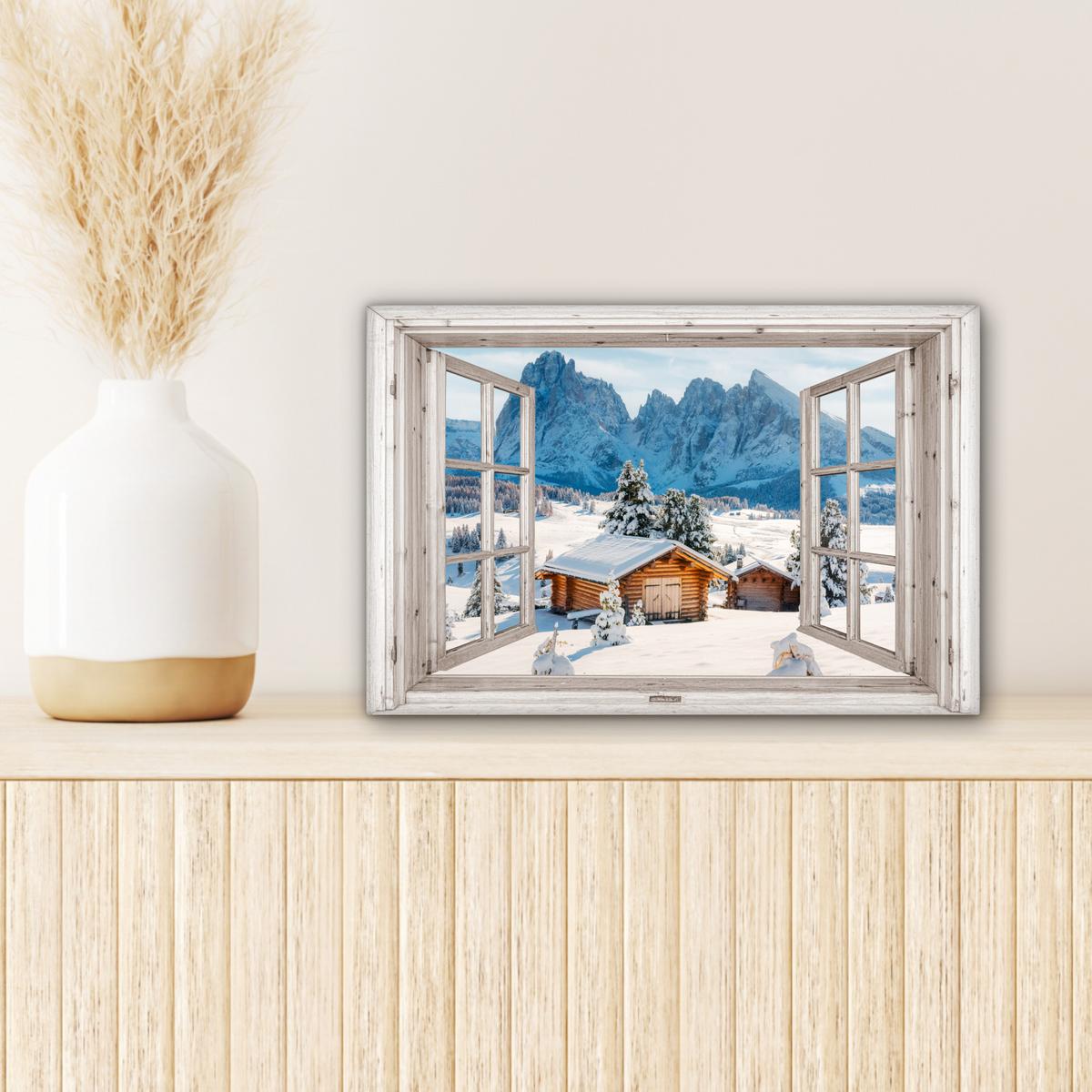 LEINWANDBILD Winterlandschaft - Hütte - Berge - Ausblicke - Aussicht - Natur Deko Schlafzimmer 30x20 cm - Weiß Hochglanz, Textil (30/20cm) - MuchoWow