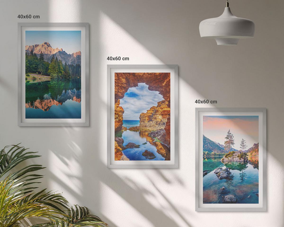 BILDER SET 3er Set - 40x60 cm Silberner Rahmen - Spiegelungen der Felsen in Bergseen - Silberfarben, Kunststoff (40/60cm) - TULUP