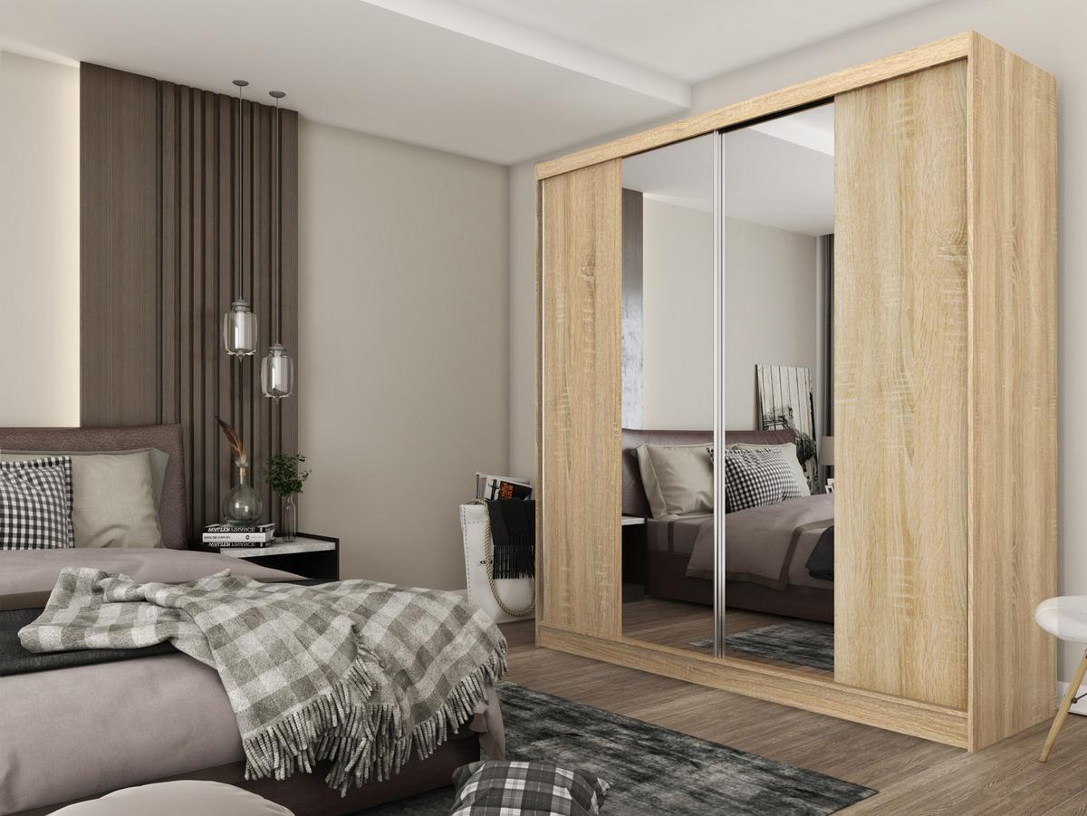 SCHWEBETÜRENSCHRANK LUCENZA 200/216/61 cm 2-türig mit Spiegel Sonoma Eiche - Sonoma Eiche, Holzwerkstoff (200/216/61cm) - MASSENO