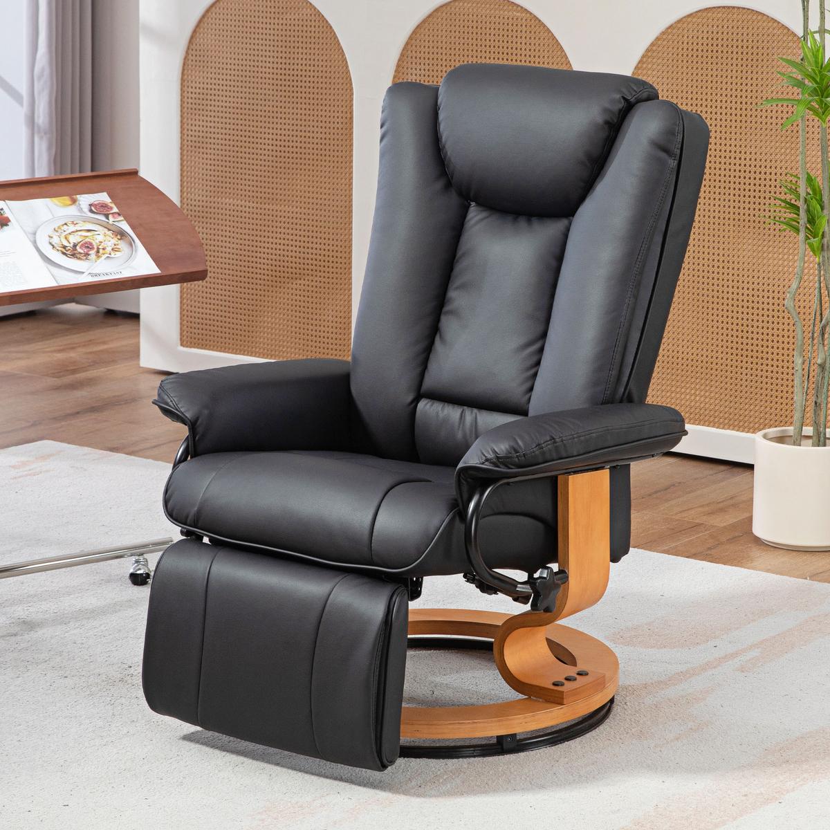 RELAXSESSEL Drehbar Fernsehsessel mit Liegefunktion, Fußstütze, Schwarz - Schwarz, Leder/Holzwerkstoff (88/103/78cm) - HOMCOM