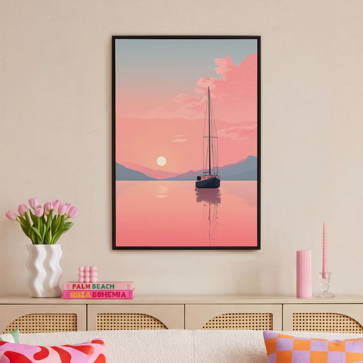 LEINWAND Bilder mit Rahmen - Segelboot - Rosa Meer - Sonnenuntergang - Berge - 60x90 - Rosa, Textil (60/90cm) - MuchoWow