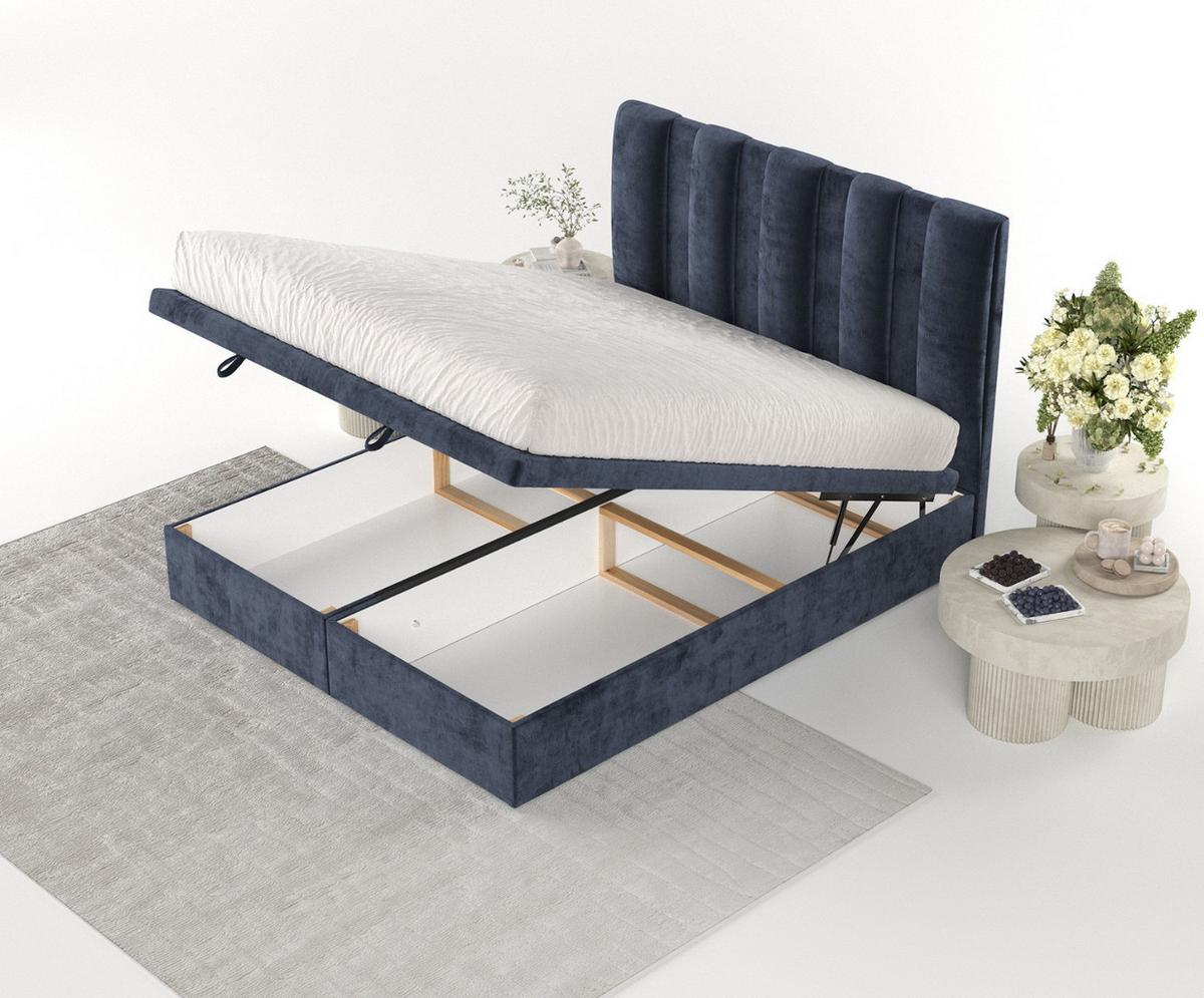 POLSTERBETT Orta mit Stauraum 140/200 cm Marineblau im Lotta Stoff - Schwarz/Dunkelblau, Holz/Holzwerkstoff (140/200cm) - AltaBeds