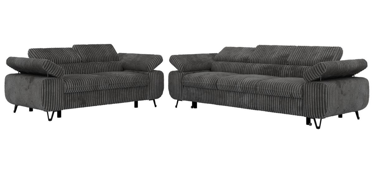 SITZGARNITUR PETERS 2+3 - Grau Cord - Schwarz/Grau, Textil/Metall (262/76/99cm) - MKS