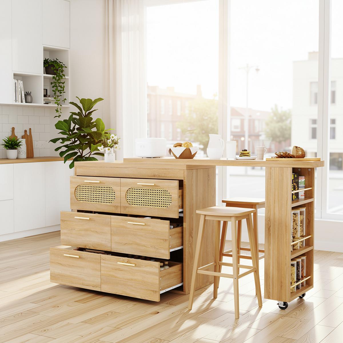 BARTISCH mit küchenbuffet 360° drehbar & 6 schubladen - Naturfarben, Holzwerkstoff (39/203/90cm) - Urban Meuble