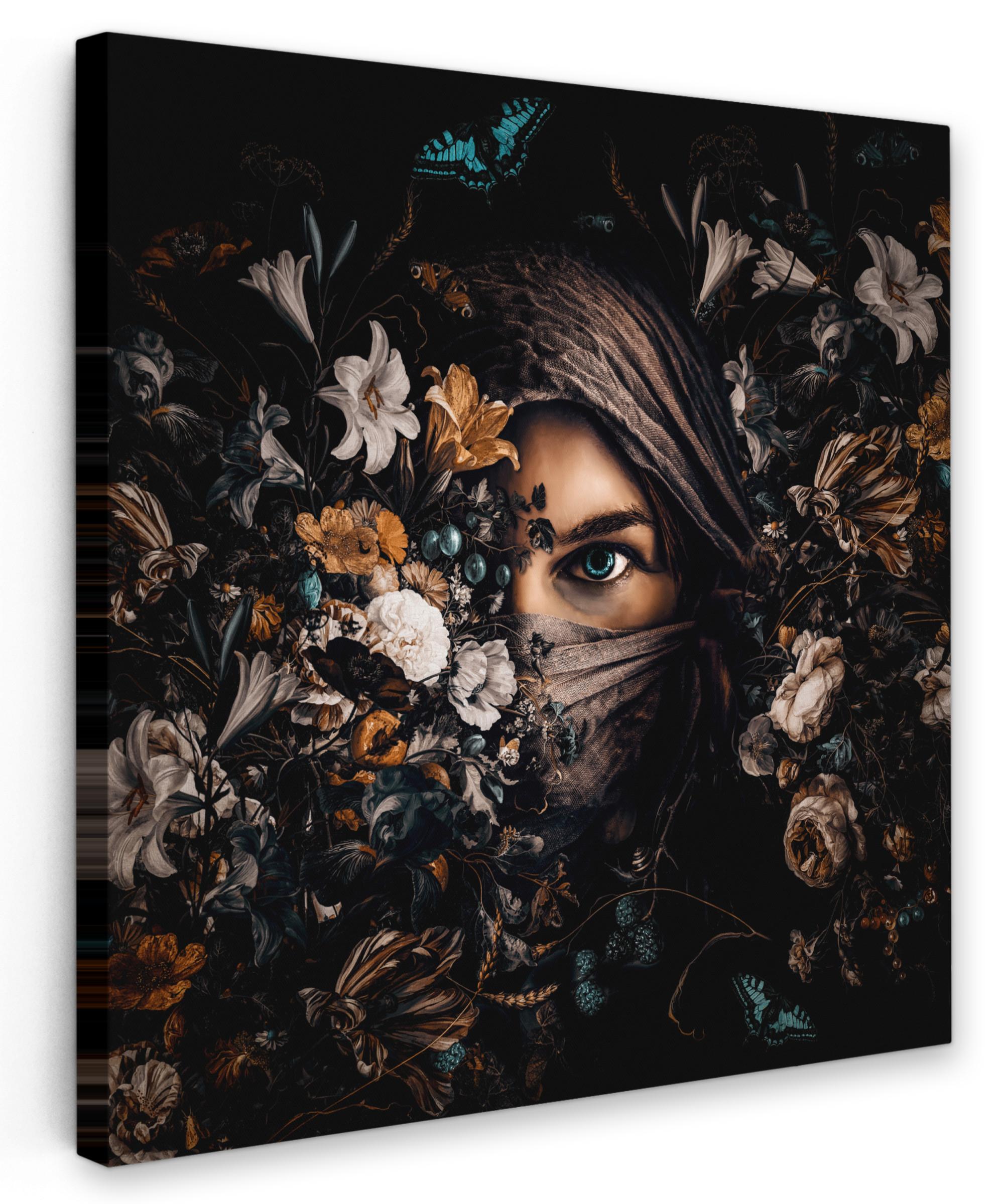 LEINWANDBILD Frau - Luxus - Blumen - Schmetterling - Porträt Deko Wohnzimmer 20x20 cm - Schwarz, Textil (20/20cm) - MuchoWow