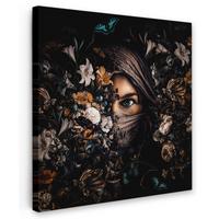 LEINWANDBILD Frau - Luxus - Blumen - Schmetterling - Porträt Deko Groß 90x90 cm - Schwarz, Textil (90/90cm) - MuchoWow