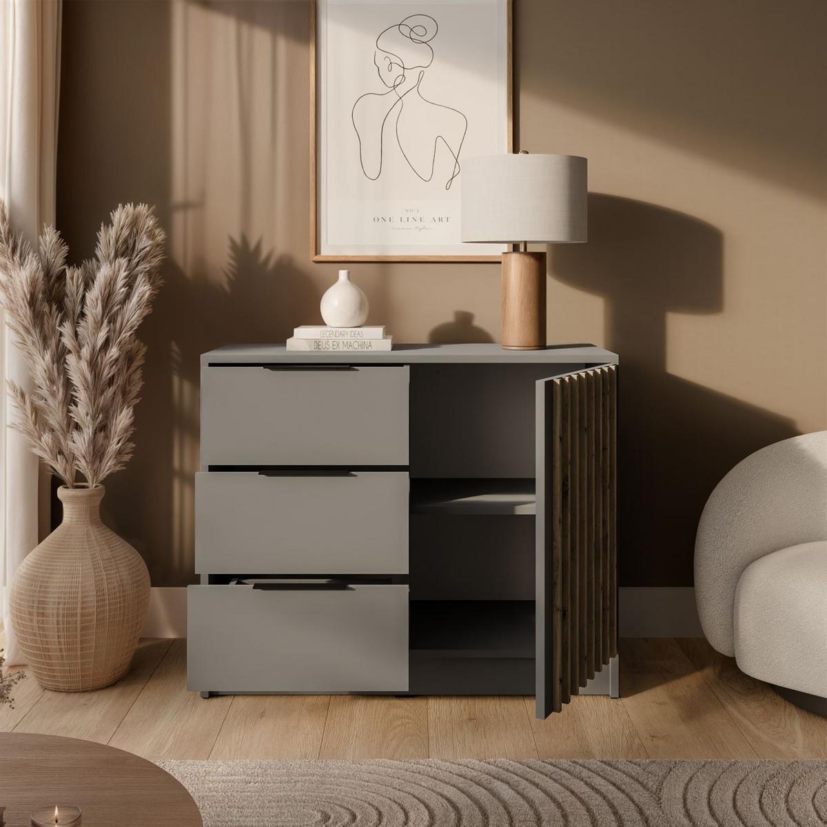 KOMMODE NELA mit Lamellen, Grau/Artisan - Grau, Holzwerkstoff (105/86/45cm) - Lookway