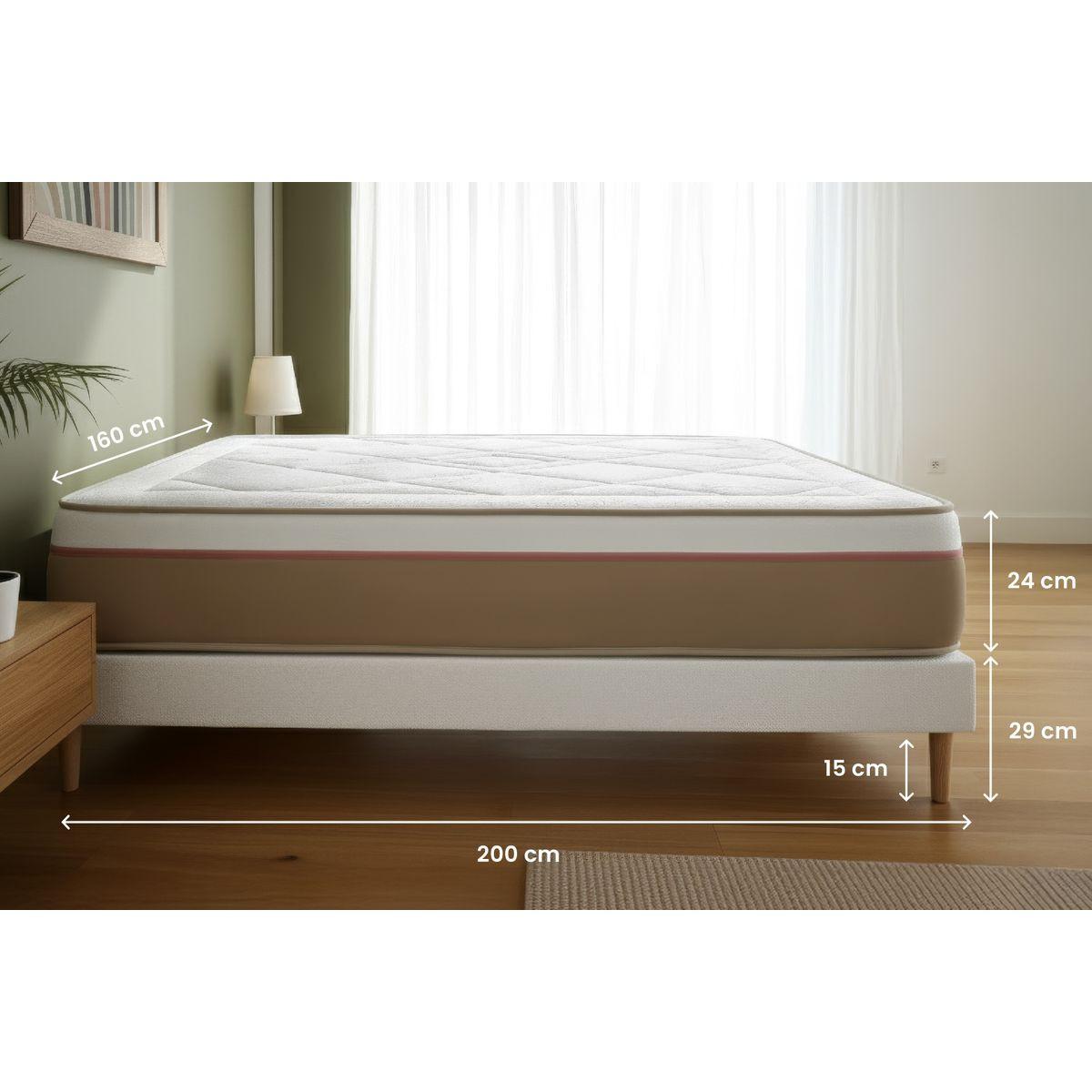 BETT Le Soyeux Taschenfederkern und Memory-Schaum 160 x 200 cm h2 - Kit Bettgestell Weiß - Mit Kissen und Bettdecke - Beige/Weiß, Karton/Holz (160/200cm) - Marmottes & Co
